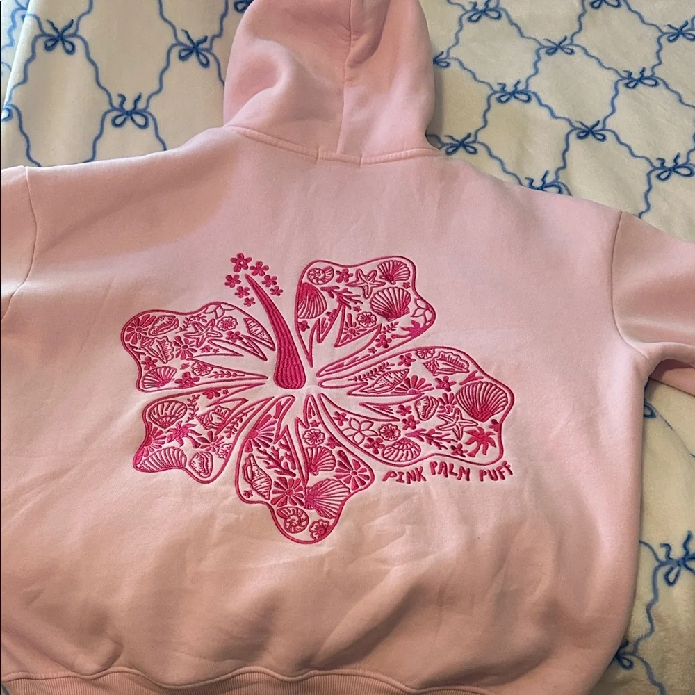 Pink Hoodie, pink palm puff brand. cozy warm beach hoodie. - Picture 5 of 8